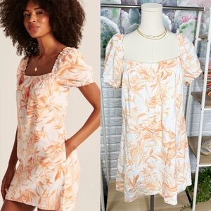 Abercrombie & Fitch Linen Orange Tropical Leaf Print Square Neck Mini Dress L